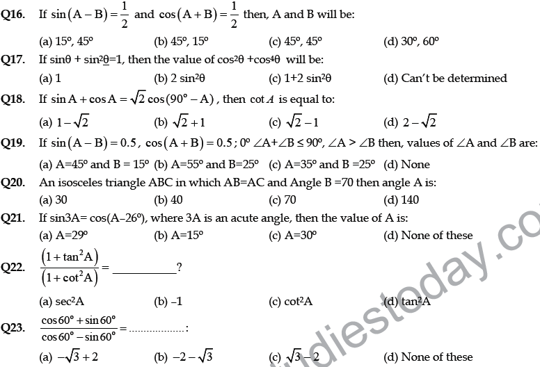 Cbse Class 10 Mathematics Application Of Trigonometry Mcqs Multiple Choice Questions